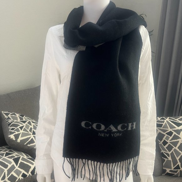 NWT COACH Wool & Cashmere Signature Scarf Black & Gray 76053 muffler - Picture 4 of 8